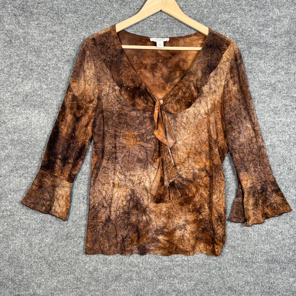 Dress Barn Size XL Top Blouse Brown Forest Fairy‎ Ruffled Bell Sleeves V Neck